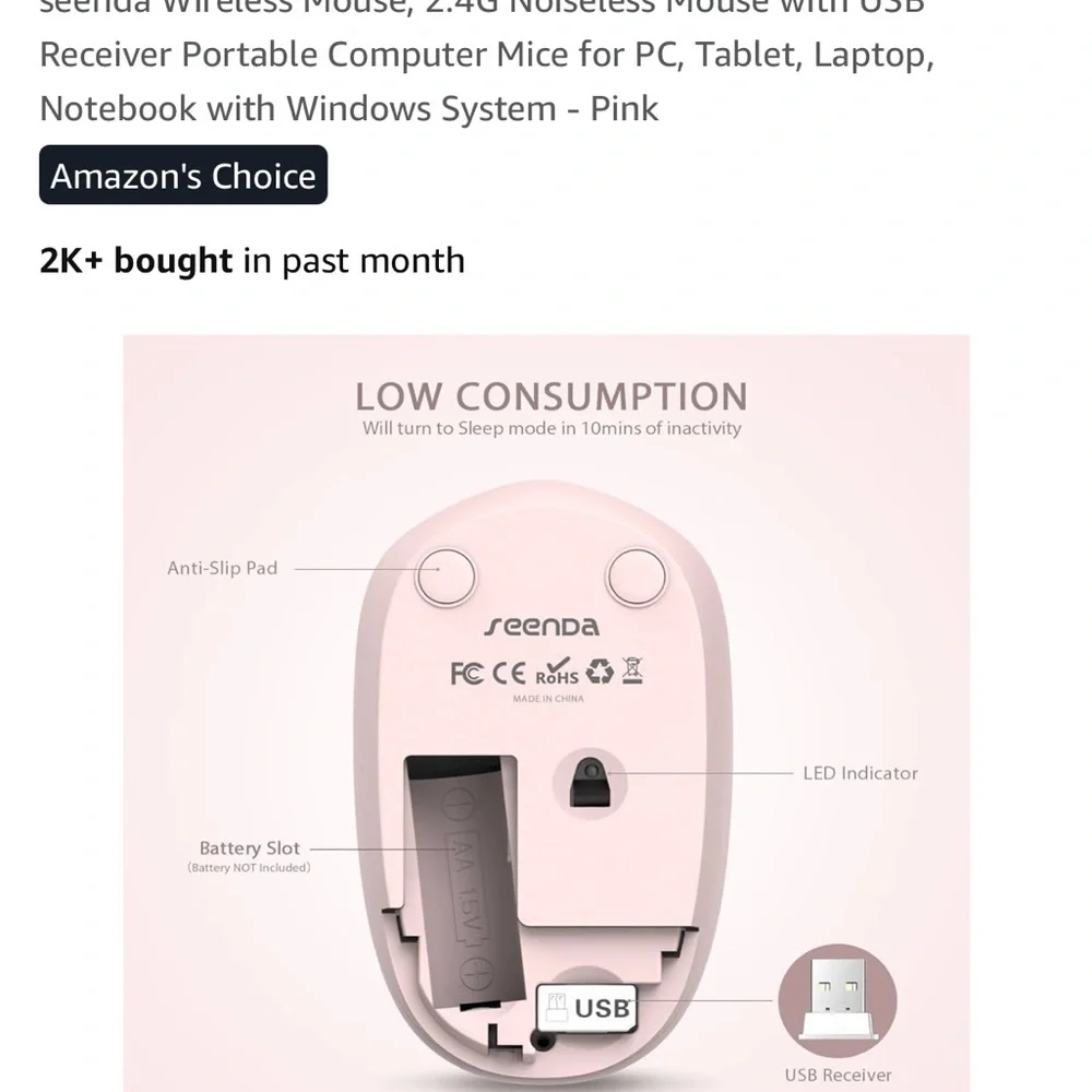 Pink Wireless Mouse with USB Receiver